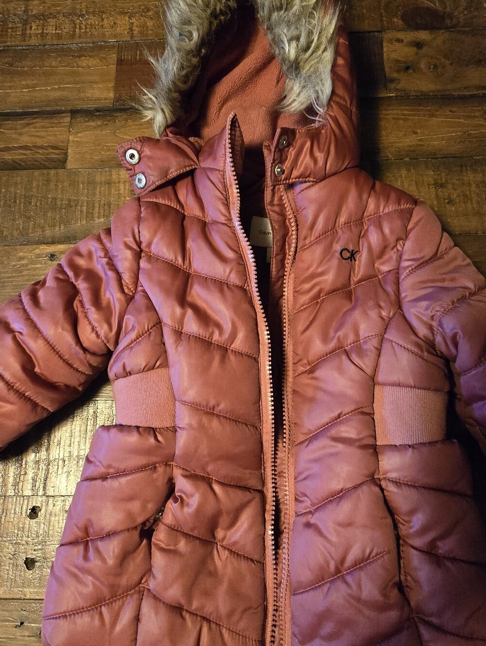 Calvin Klein Girls Dusty Rose Puffer Coat with Faux Fur Hood